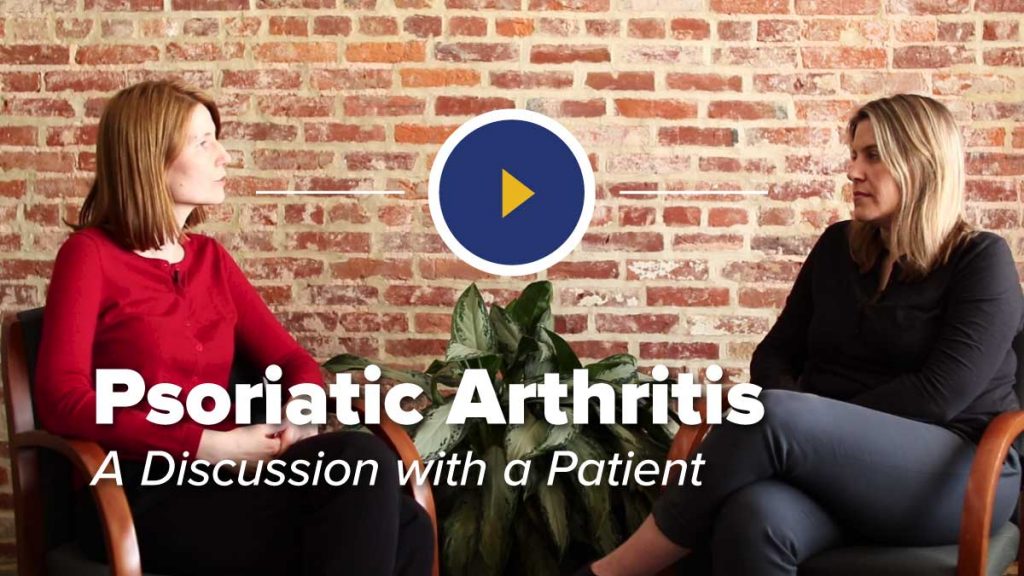 Rheumatologist Ana-Maria Orbai and patient sitting in chairs in front of brick wall discussioning Psoriatic Arthritis